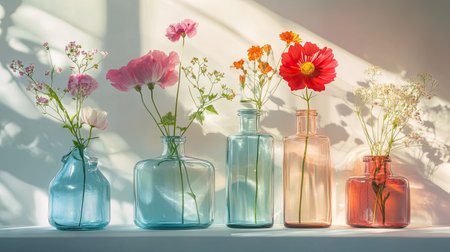 A collection of glass vases filled with vibrant flowers creates a cheerful atmosphere. The sunlight enhances the colors, providing a warm, inviting feel perfect for home decor.の素材