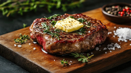 A succulent grilled steak topped with melting butter and fresh herbs sits on a rustic wooden board, inviting food enthusiasts to enjoy gourmet flavors and rich textures.の素材