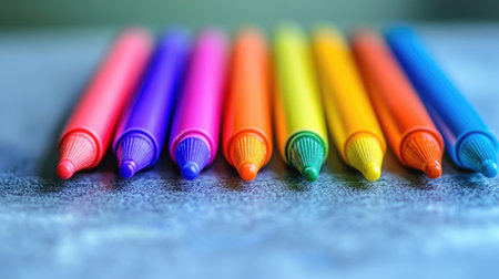 A colorful arrangement of crayons, showcasing vibrant hues in a soft focus background. Perfect for illustrating creativity and artistic projects for all ages.の素材