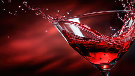 A stunning image showcasing a vivid red liquid splashing in a clear martini glass against a dark, moody background. Perfect for themes of celebration and elegance.の素材