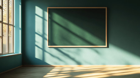 Bright and peaceful classroom interior featuring an empty chalkboard and warm wooden flooring, flooded with natural light through large windows, perfect for educational themes.の素材