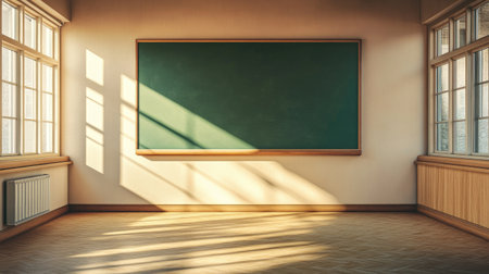 An inviting classroom interior featuring a chalkboard, windows allowing ample natural light, and a wooden floor, creating a warm and inspiring atmosphere for education.の素材