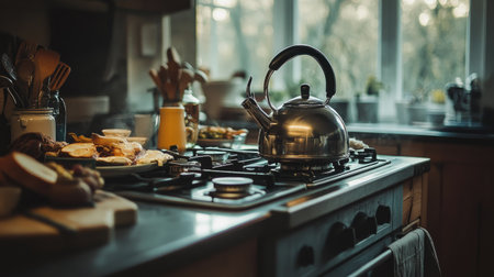 A classic whistling kettle on a cooktop, with a cozy breakfast spread on the kitchen island.の素材