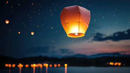 A serene evening scene of glowing lanterns floating into the night sky over calm waters, creating a magical ambiance filled with reflections and starry backdrops.の素材