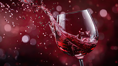 A captivating image of red wine splashing beautifully in a glass, set against a vibrant red backdrop filled with shimmering lights, perfect for celebrating special moments.の素材