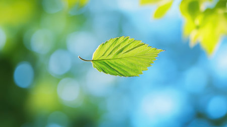 A single green leaf floats gracefully in the air, surrounded by a soft, blurred blue background. The image captures the tranquility and freshness of nature in a serene moment.の素材