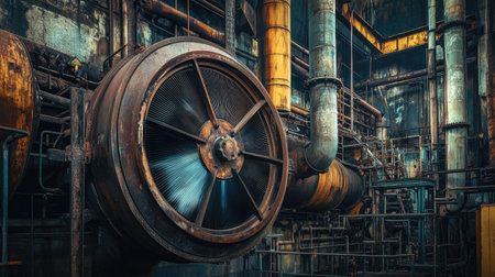 Capture the essence of industrial decay with a close-up of vintage machinery featuring rusted pipes and large fan blades in an abandoned warehouse environment.の素材