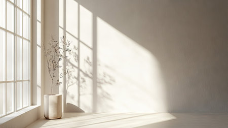 A serene and elegant interior space showcasing natural light through a large window, featuring a minimalist plant arrangement in a vase on a wooden floor.の素材