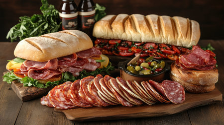 A gourmet sandwich spread with bacon, salami, prosciutto, fresh vegetables, and artisan breads displayed on a wooden table.の素材