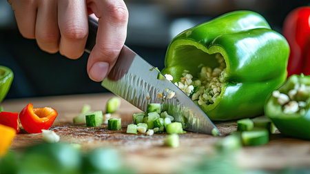 Close-up of a hand skillfully chopping a green bell pepper on a wooden board, highlighting fresh vegetables in a bright kitchen setting, perfect for culinary inspiration.の素材