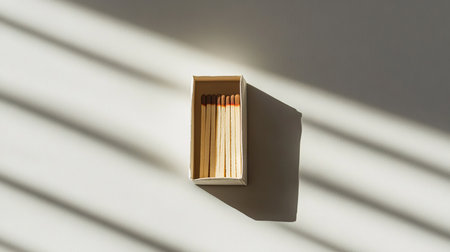 A simple box of wooden matches rests in shadows, creating an interplay of light and texture. This image captures the essence of minimalism in everyday objects.の素材