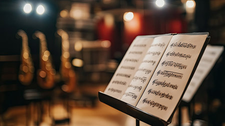 A close-up view of sheet music on a stand in a music studio setting, with saxophones arranged in the background under warm lighting, perfect for music lovers.の素材