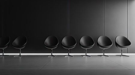 A striking arrangement of black minimalist chairs against a sleek interior wall, enhanced by soft lighting, creates a stylish atmosphere perfect for modern settings.の素材