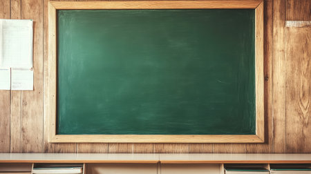 This image features an empty chalkboard set against a rustic wall, providing a versatile backdrop for educational themes, creative projects, and teaching materials.の素材