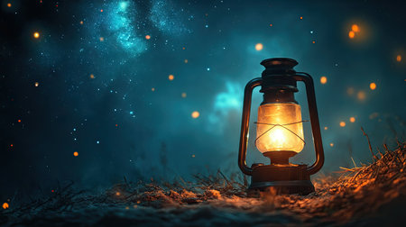 A vintage lantern casts a warm glow in a dark forest, surrounded by sparkling particles and a vibrant night sky, evoking a sense of tranquility and adventure.の素材