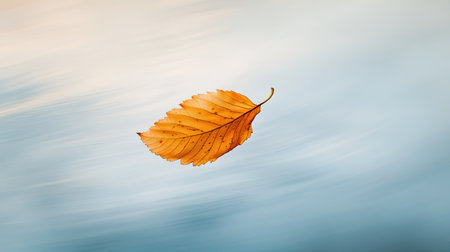 A stunning orange leaf drifts gently on a calm blue water surface, embodying the beauty of autumn and offering a peaceful and serene atmosphere in nature.の素材