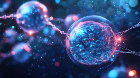 Explore the captivating realm of molecular structures in this vibrant digital artwork, showcasing luminous particles and complex connections in a futuristic setting.の素材