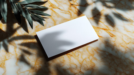 A minimalist blank business card rests elegantly on a stylish marble surface, enhanced by soft leaf shadows, perfect for creative branding presentations or mockups.の素材