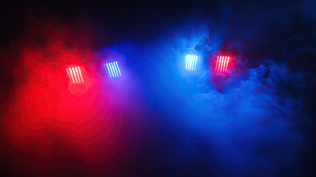 Captivating stage lighting effects with red and blue lights cutting through a smoky atmosphere. Perfect for enhancing performances, concerts, or events with drama.の素材