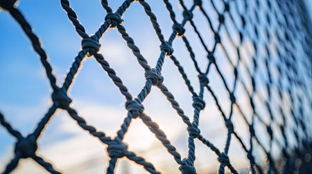 This image showcases a detailed close-up of rope netting against a luminous sky, highlighting the intricate weave and interplay of light and shadows in an outdoor setting.の素材