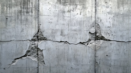 This image features a damaged concrete wall with visible cracks and imperfections, showcasing a raw, industrial texture. Perfect for design or construction themes.の素材