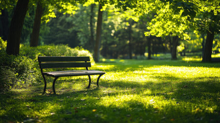A tranquil park scene featuring a solitary wooden bench nestled in vibrant green grass. Sunlight filters through the trees, creating a peaceful atmosphere perfect for relaxation.の素材