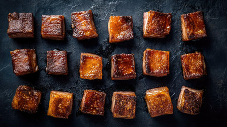 A stunning display of perfectly cooked pork belly cubes featuring a crispy golden surface. This mouthwatering image captures the essence of delicious culinary artistry.の素材