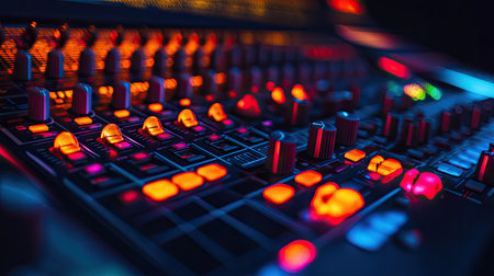 Close-up view of an audio mixing console featuring vibrant LED lights and colorful buttons, showcasing the intricate design of sound engineering and music production equipment.の素材