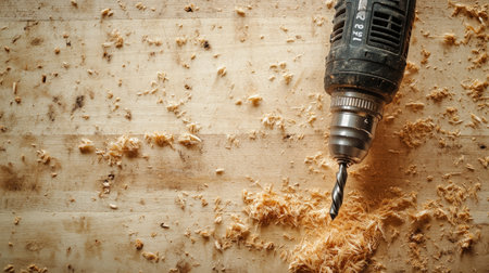 The image captures a power drill resting on a wooden surface, surrounded by fine wood shavings. Ideal for showcasing craftsmanship and DIY projects.の素材