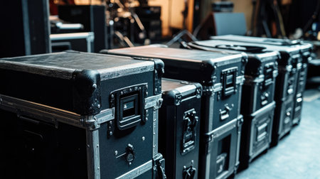 A collection of black equipment cases organized in a music studio, reflecting the essence of preparation for live performances and the professionalism of sound setup.の素材