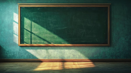 A vintage classroom scene featuring an empty chalkboard illuminated by soft sunlight, casting gentle shadows to create a warm and inviting educational atmosphere.の素材