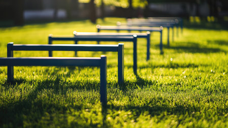 A visually striking scene featuring metallic training bars arranged neatly on vibrant green grass, illuminated by soft sunlight, perfect for fitness enthusiasts and outdoor activities.の素材