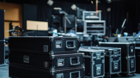 This image captures a collection of equipment cases in a music studio, reflecting the preparation and organization required for a live performance or recording session.の素材