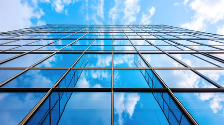 A striking view of a modern skyscraper's glass facade reflecting the vibrant blue sky and fluffy clouds, showcasing contemporary urban architecture from a unique angle.の素材