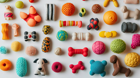 A vibrant collection of assorted dog toys featuring various textures and colors, ideal for pet marketing, playful designs, and creative pet photography projects.の素材