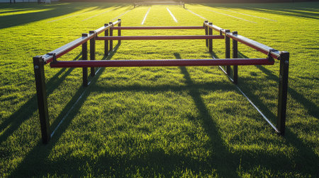 A red training setup on a vibrant grassy field, illuminated by morning sunlight, creates a serene atmosphere for fitness enthusiasts and athletes.の素材