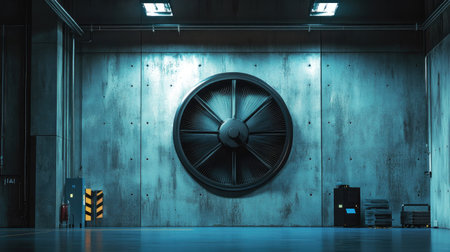 A striking industrial interior featuring a large wall fan against a textured concrete backdrop. The image captures the essence of modern machinery in a spacious warehouse setting.の素材