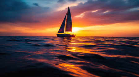 A serene and picturesque sunset scene featuring a sailboat gliding gracefully over tranquil waters. Vivid orange and purple colors light up the sky, creating an inspiring atmosphere.の素材