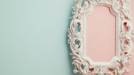 A beautiful vintage picture frame with intricate details against a soft pastel background, perfect for showcasing art or decor in stylish interiors.の素材
