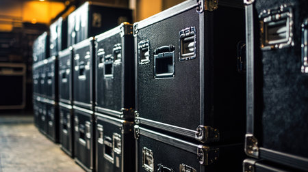 A collection of neatly stacked black equipment cases in a professional storage area, ideal for organizing musical, photographic, and audio gear while ensuring protection.の素材