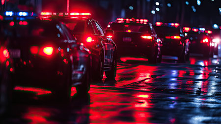 Dramatic night scene featuring police cars with flashing lights reflecting on the rain-soaked pavement, highlighting the urgency and intensity of emergency response activities.の素材