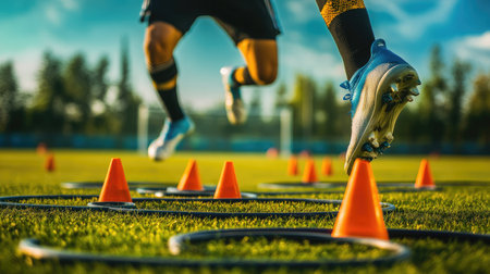 An athlete executes agility drills on a grassy field, showcasing dynamic movements and focus while surrounded by cones and hurdles during a training session.の素材