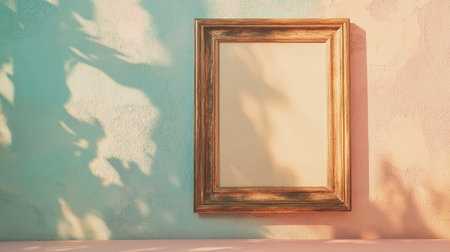 A vintage frame hangs against a colorful wall, casting gentle shadows. This empty space invites creativity, making it ideal for artistic display and photography setups.の素材