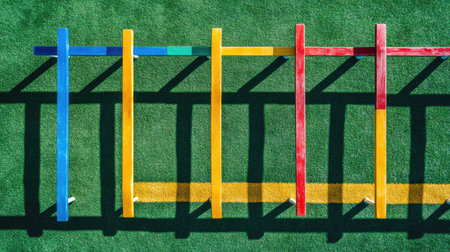 Aerial view of colorful playground equipment on lush green turf. Brightly painted bars in red, blue, green, and yellow create playful shadows, inviting fun activities.の素材