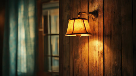 A vintage wall lamp casts a soft glow across a wooden interior, enhancing the cozy atmosphere of the space and creating an inviting and warm setting.の素材