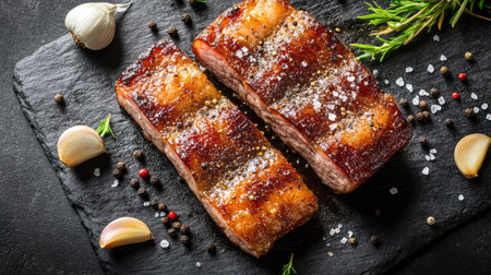 This image showcases beautifully grilled pork belly, garnished with fresh herbs and garlic cloves on a slate tray, perfect for chefs and food lovers alike.の素材