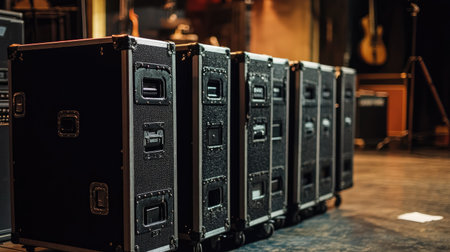 A series of sturdy equipment cases stands neatly in a music studio, emphasizing readiness for performance. Perfect for showcasing audio gear transport and organization.の素材
