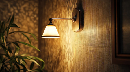 A charming wall lamp illuminates a textured wall, creating beautiful shadows and enhancing the cozy atmosphere of a stylish interior space. Perfect for home decor.の素材