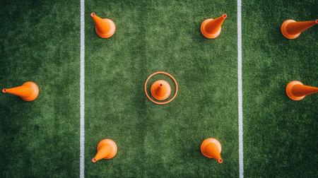 A striking aerial view showcases orange cones strategically placed on vibrant green turf, creating an ideal setup for sports training and agility drills designed to enhance skills.の素材