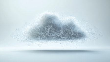 This abstract cloud illustration symbolizes digital data connectivity and innovation, featuring a modern design of lines and nodes against a clean backdrop.の素材
